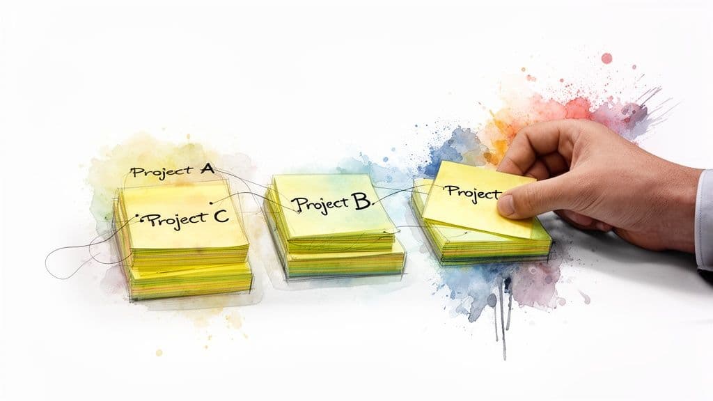 A hand manages workflow using yellow sticky notes labeled Project A, B, and C.