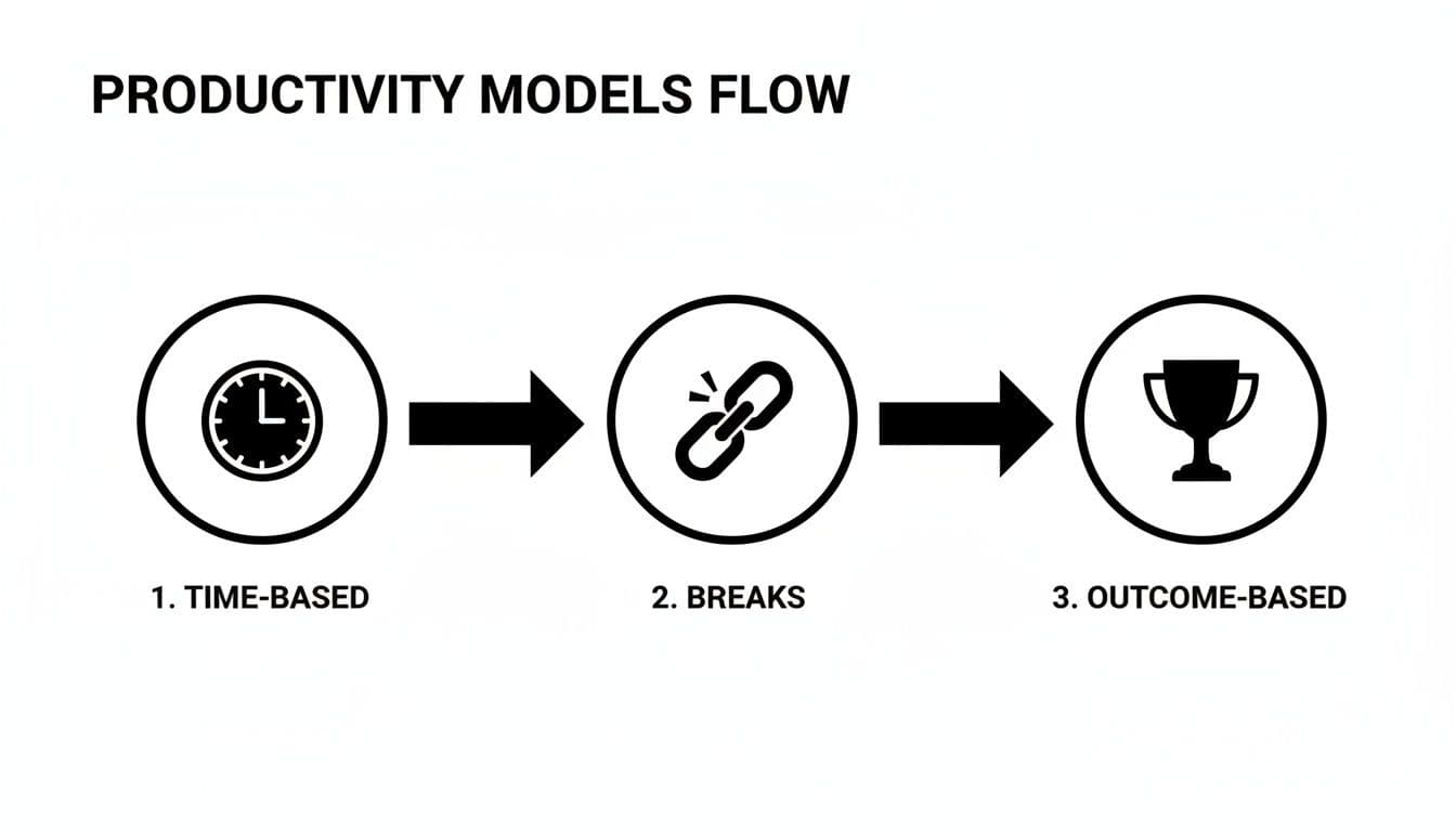 A flow diagram showing productivity models: Time-Based (clock), Breaks (broken link), and Outcome-Based (trophy).