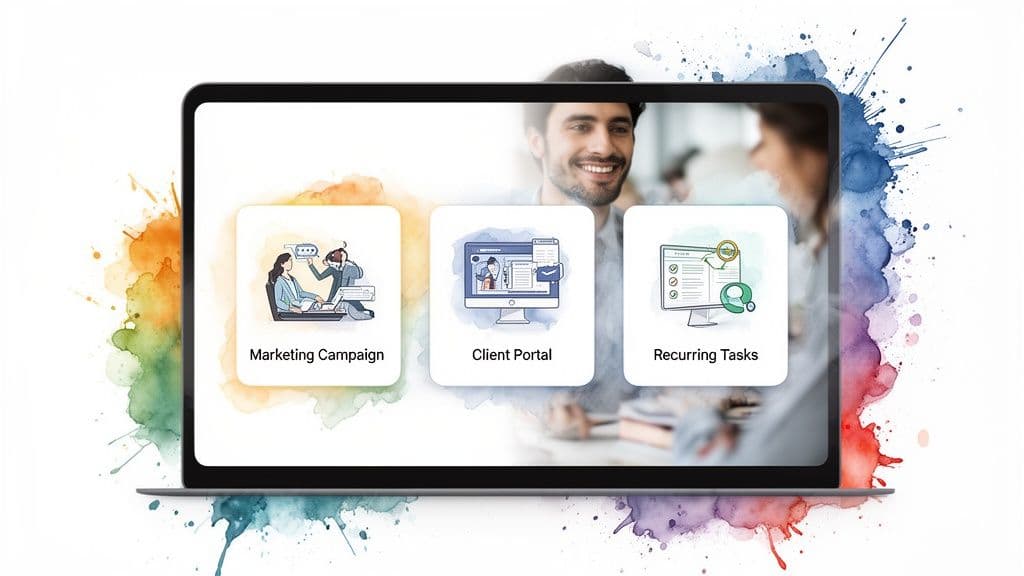Laptop screen showing project management software features: Marketing Campaign, Client Portal, and Recurring Tasks, with watercolor background.