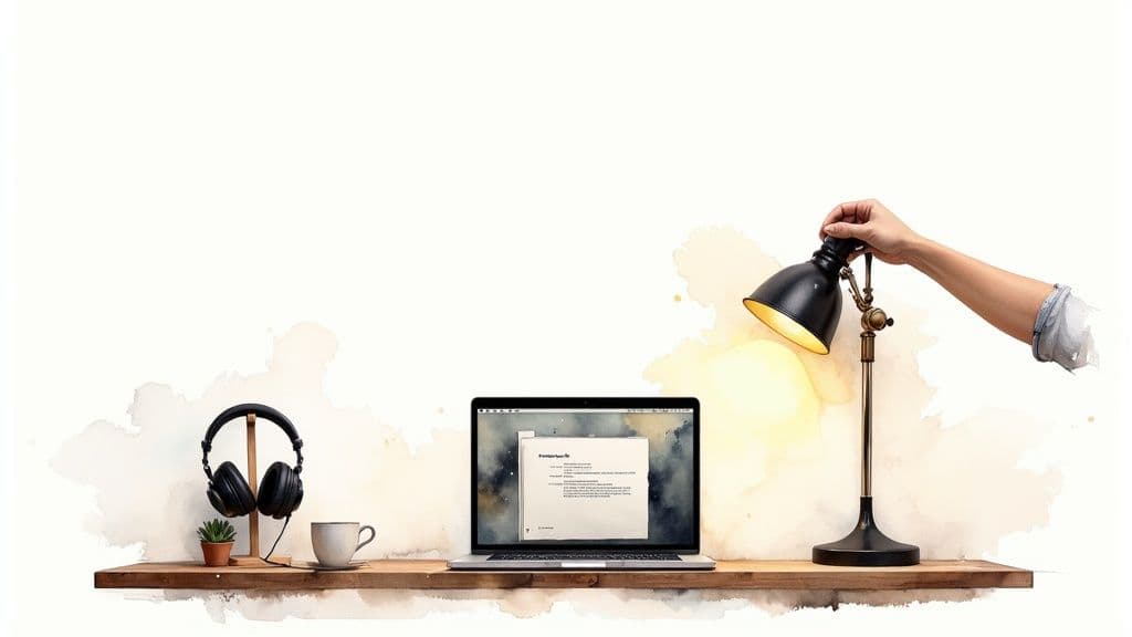 A minimalist workspace on a wooden shelf with a laptop, headphones, plant, coffee, and a hand adjusting a desk lamp.