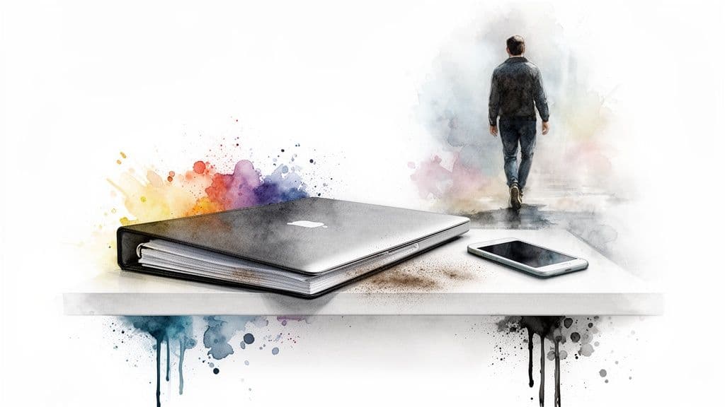 Artistic watercolor shows a laptop, phone, and person walking, surrounded by vibrant paint splashes.