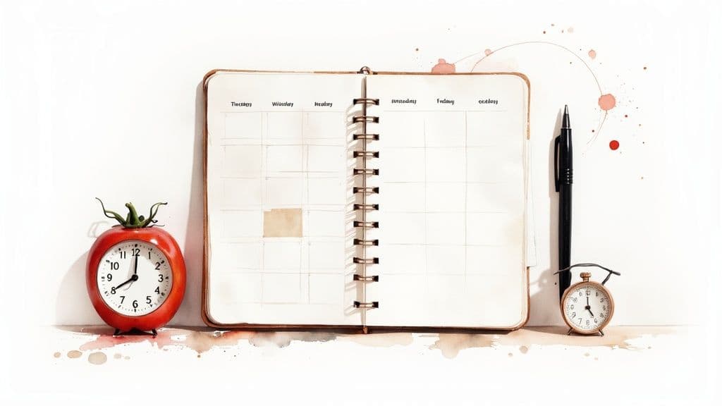 An open planner with blank grid pages, a red tomato alarm clock, and a small vintage clock, and a black pen on a white surface with watercolor splatters.
