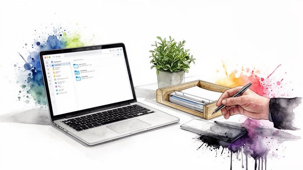 Watercolor illustration of a desk with a laptop, plant, paper tray, and a hand writing, surrounded by colorful splashes.