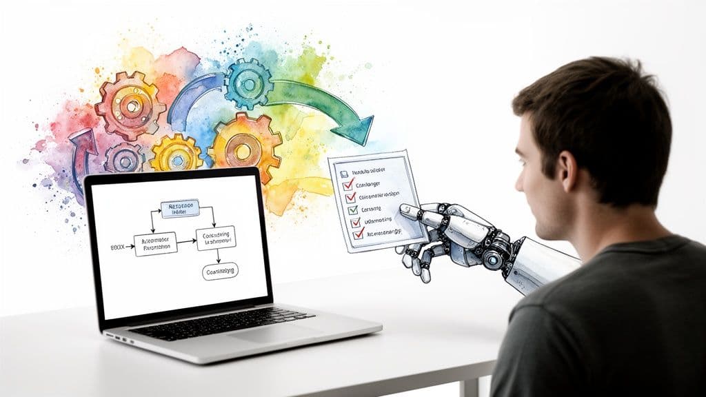 A man observes a robot arm holding a checklist, symbolizing AI assistance in productivity and workflow.