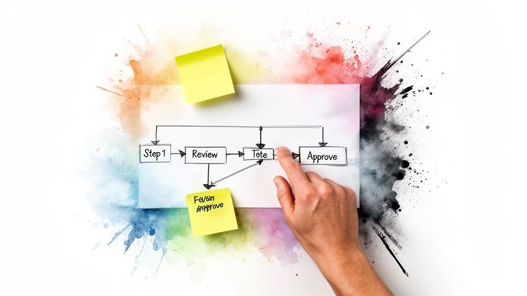 A hand points to the 'Tote' step in a hand-drawn workflow diagram with sticky notes.