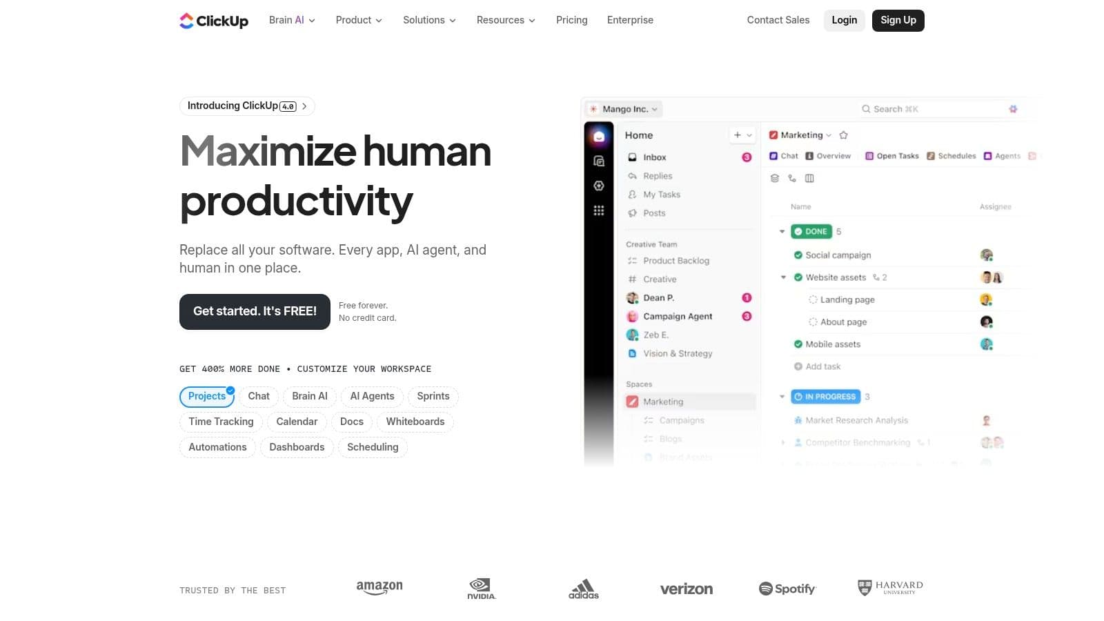 ClickUp's interface showing a task list with custom fields and statuses
