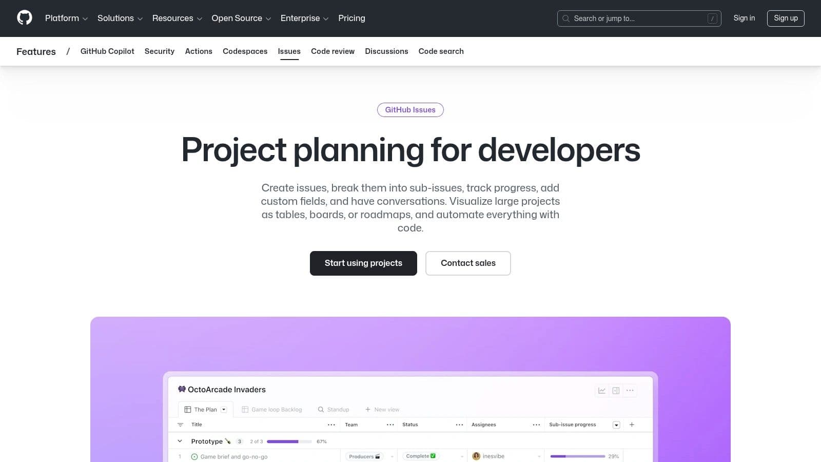 GitHub Projects interface showing a project board with columns for different stages of development