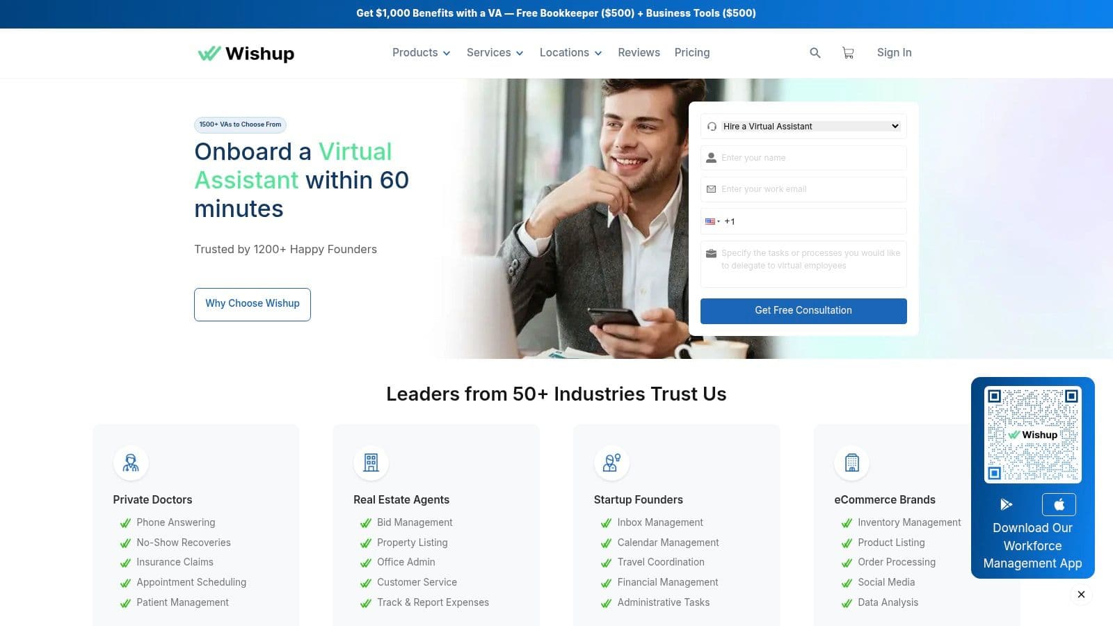 Wishup homepage showcasing their virtual assistant services