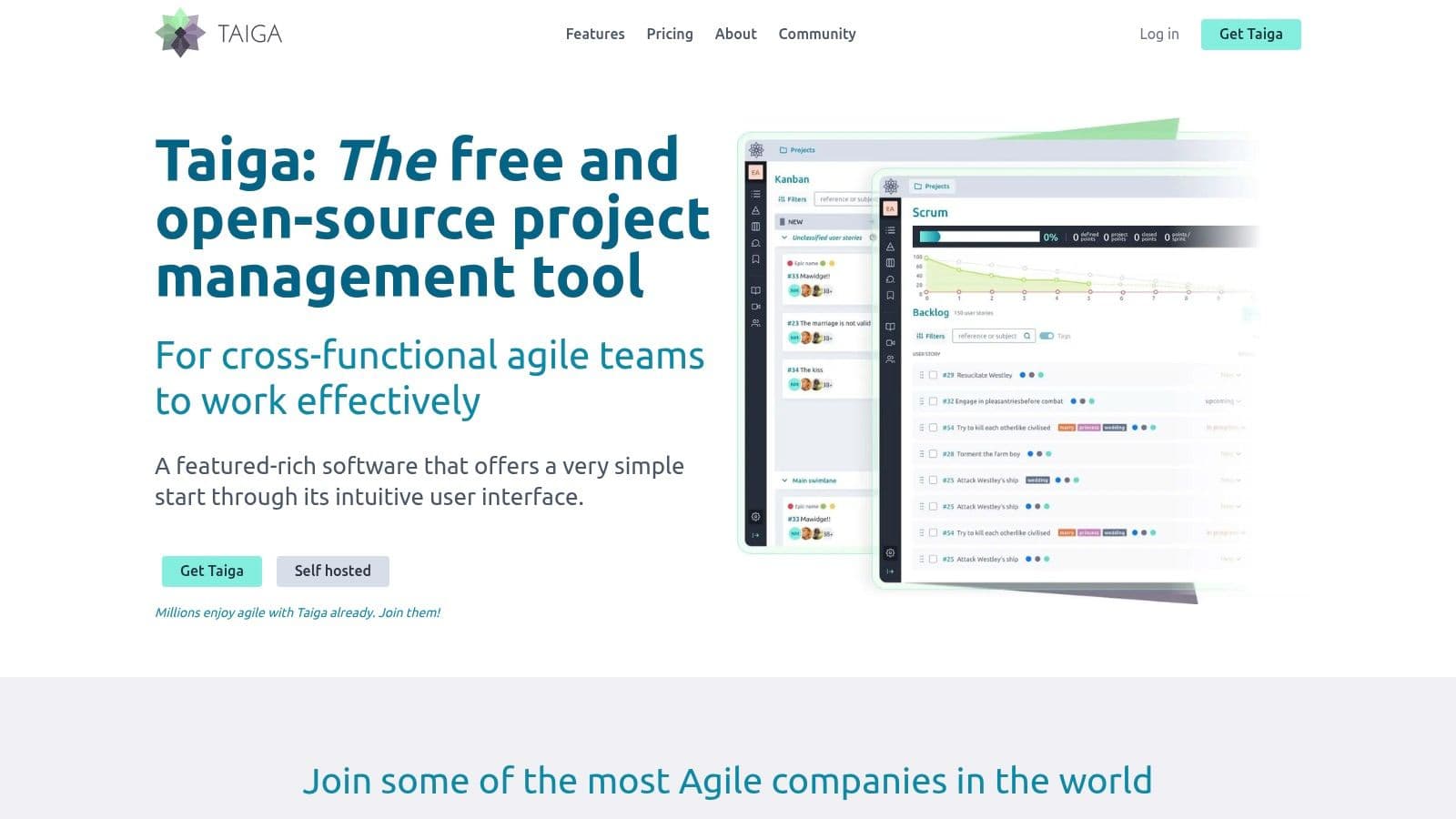 Taiga's agile interface showing backlogs and user stories