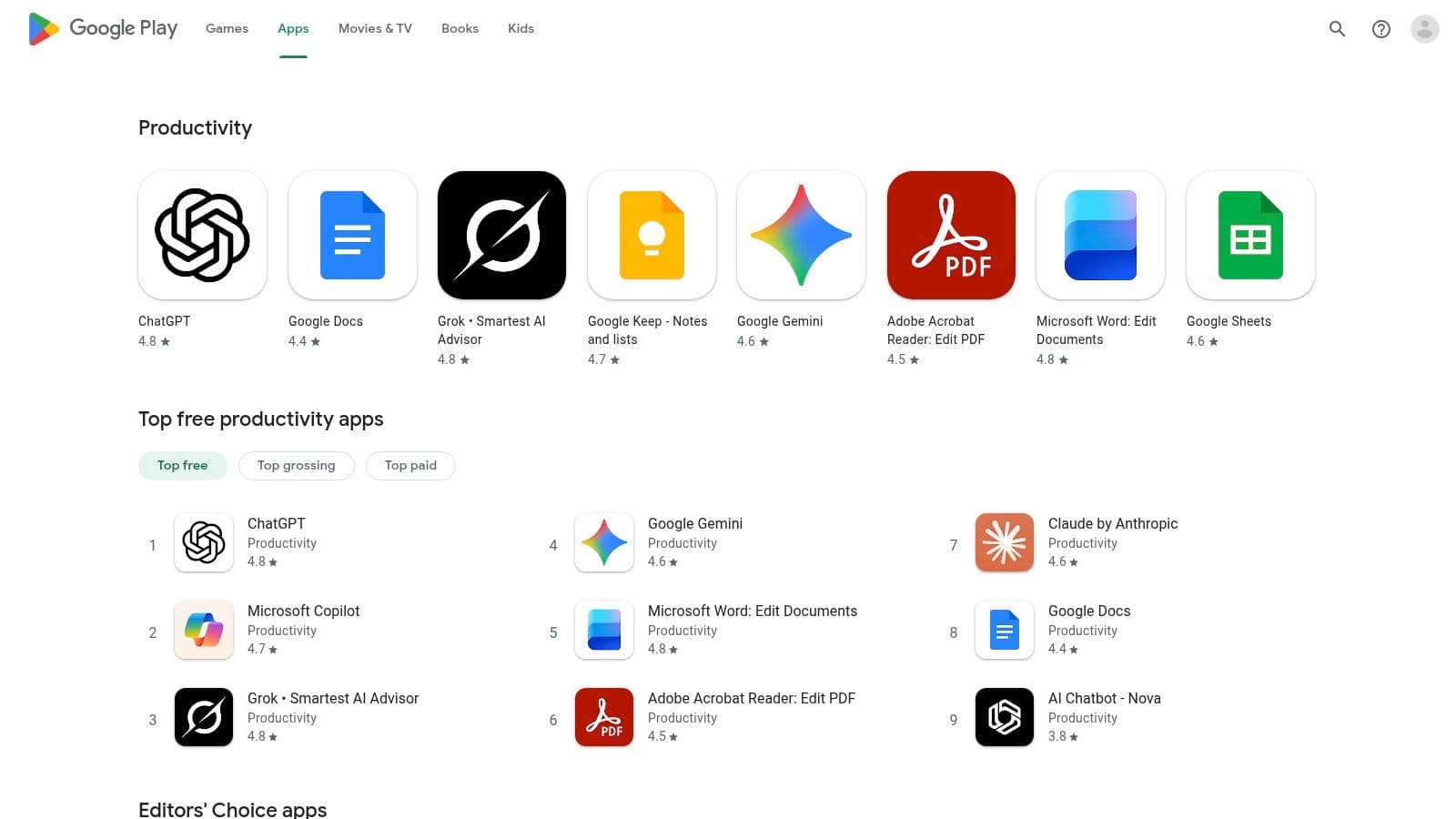 Google Play Store (Productivity category)