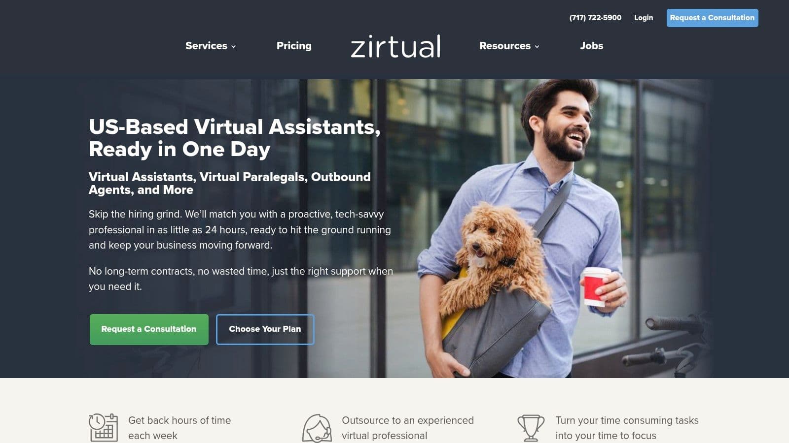 The Zirtual website homepage showcasing their service tiers