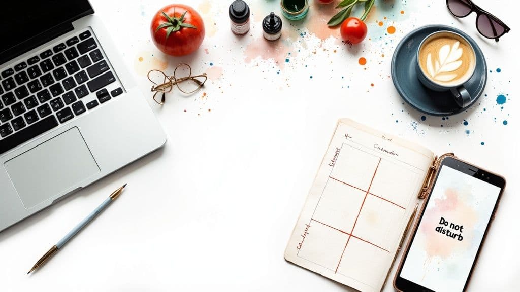 A person sitting calmly at a clean desk, looking out a window at a serene landscape.