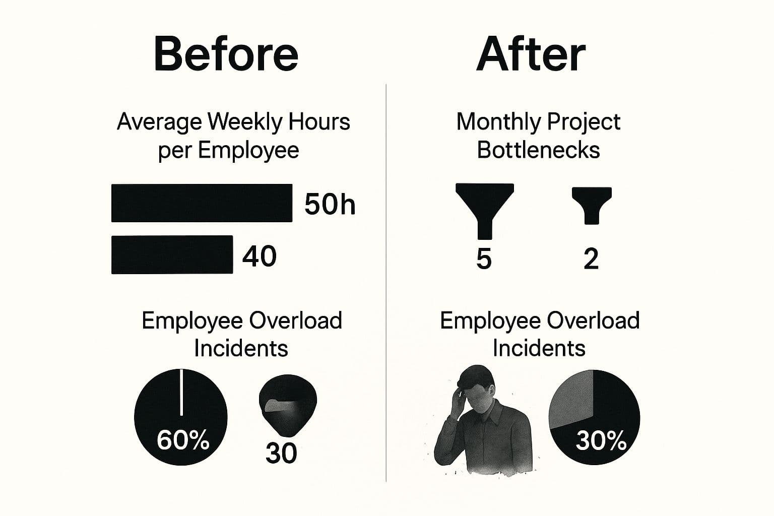 Infographic comparing workload metrics before and after implementing smart management tools. Metrics shown include average weekly hours, project bottlenecks, and employee overload incidents, all showing significant improvement.