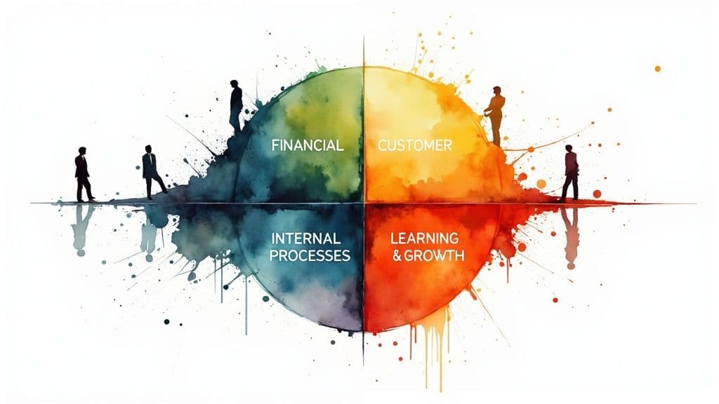 Infographic detailing the four perspectives of the Balanced Scorecard: Financial, Customer, Internal Business Processes, and Learning & Growth.