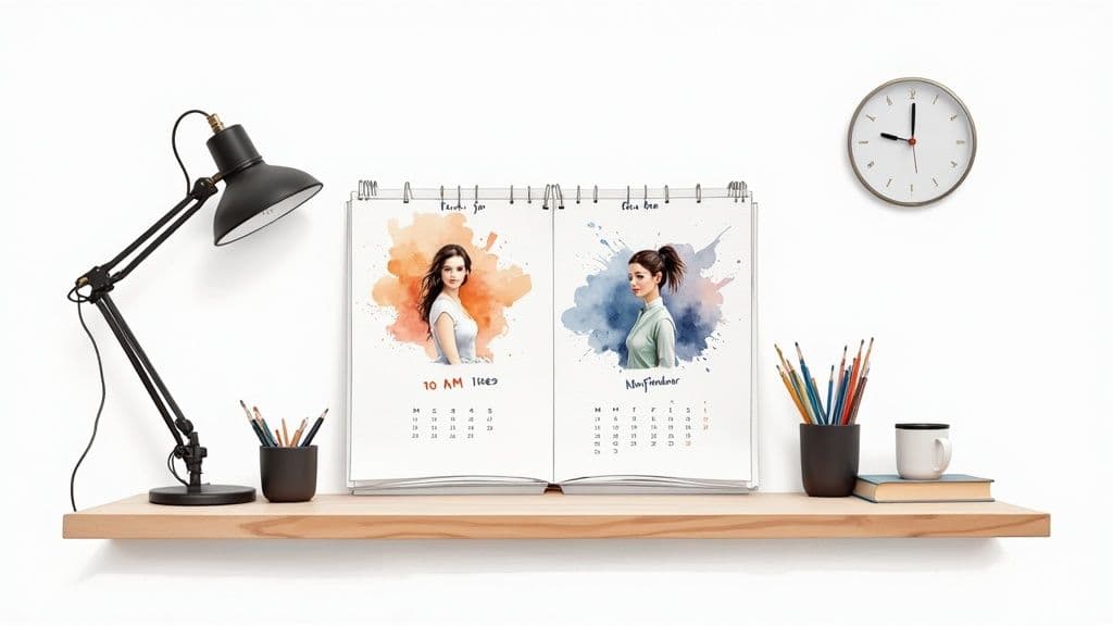 A calendar with specific time blocks marked out for checking email, next to a focused person working at a desk.