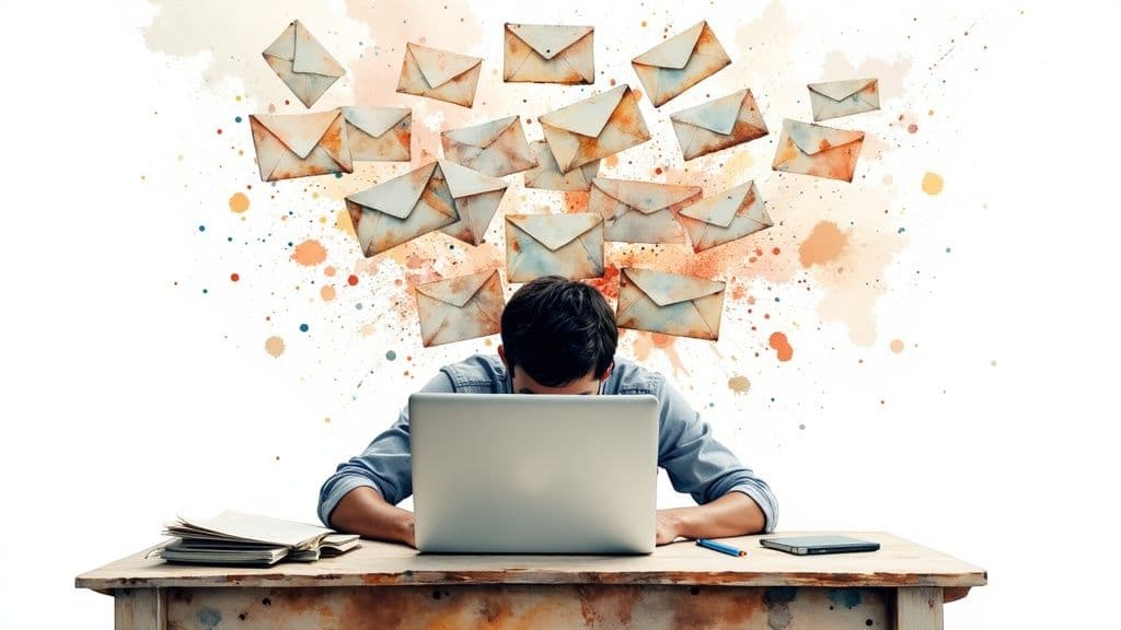 A person looking stressed while sitting in front of a laptop with many email icons floating around them.