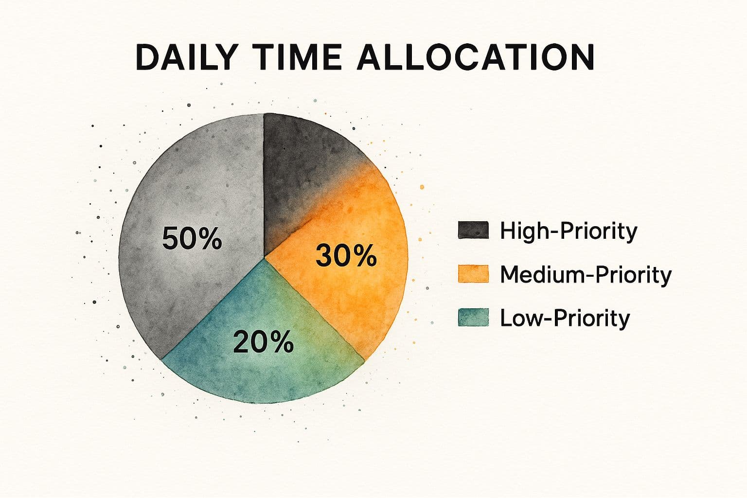 Infographic showing daily time allocation: 50% for high-priority tasks, 30% for medium-priority, and 20% for low-priority.