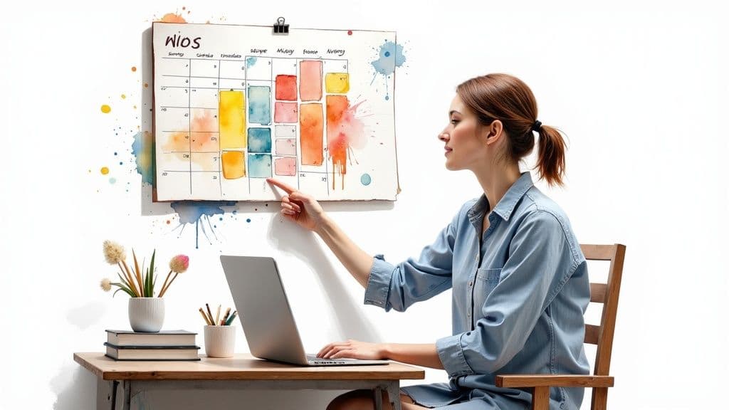 A serene digital workspace with minimal icons and a calm background, symbolizing a conquered digital environment.