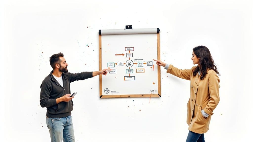 A team analyzing charts and graphs on a digital screen, pointing out key data points.