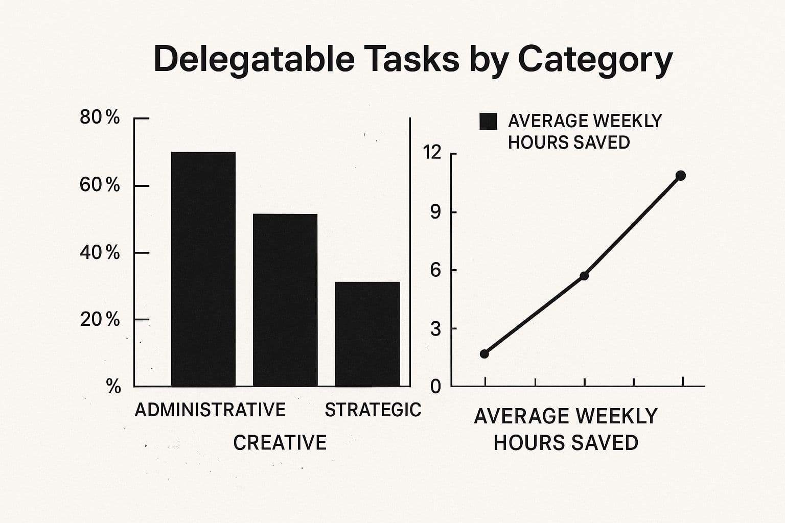 An infographic showing a bar chart of delegatable tasks by category (administrative, creative, strategic) and a line graph illustrating the average weekly hours saved through delegation.