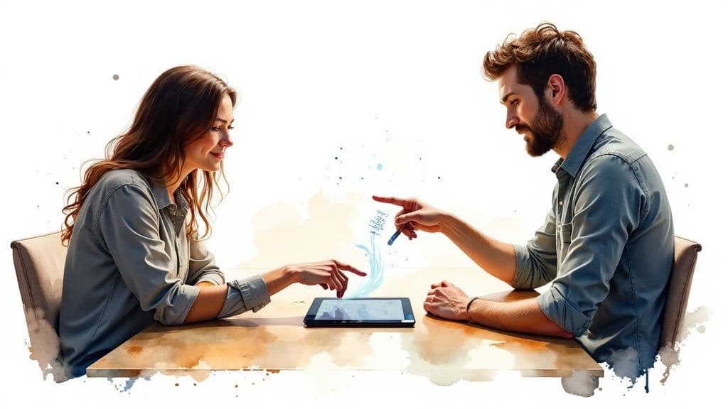 Team collaborating around a table, building a structure with blocks, symbolizing trust and accountability.