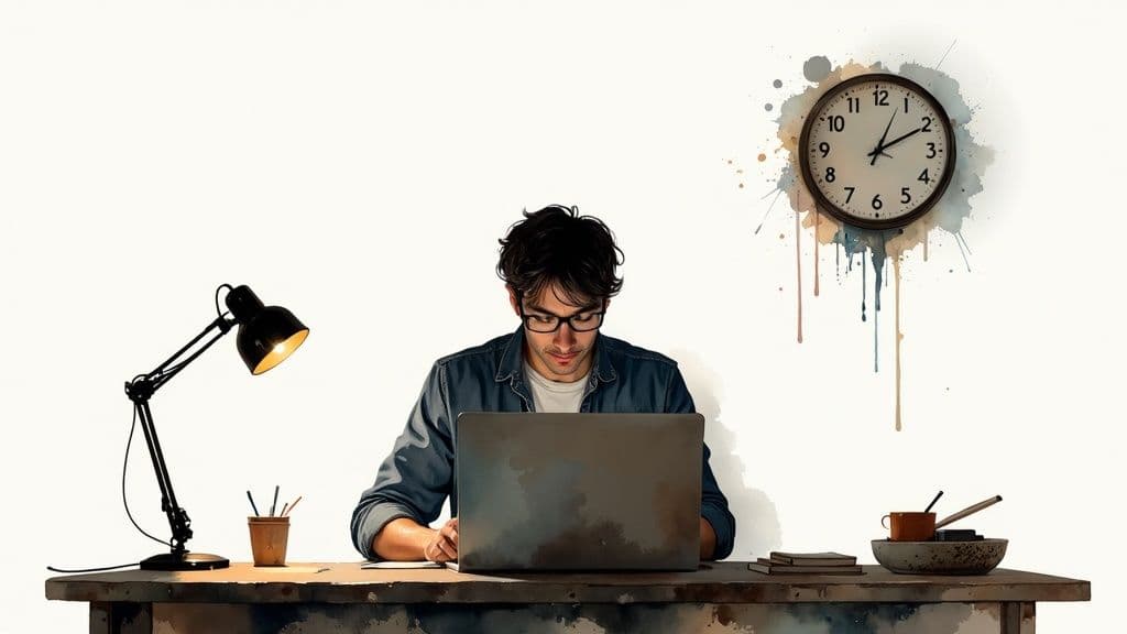 A person sitting at a desk with a laptop, looking thoughtful and slightly stressed.