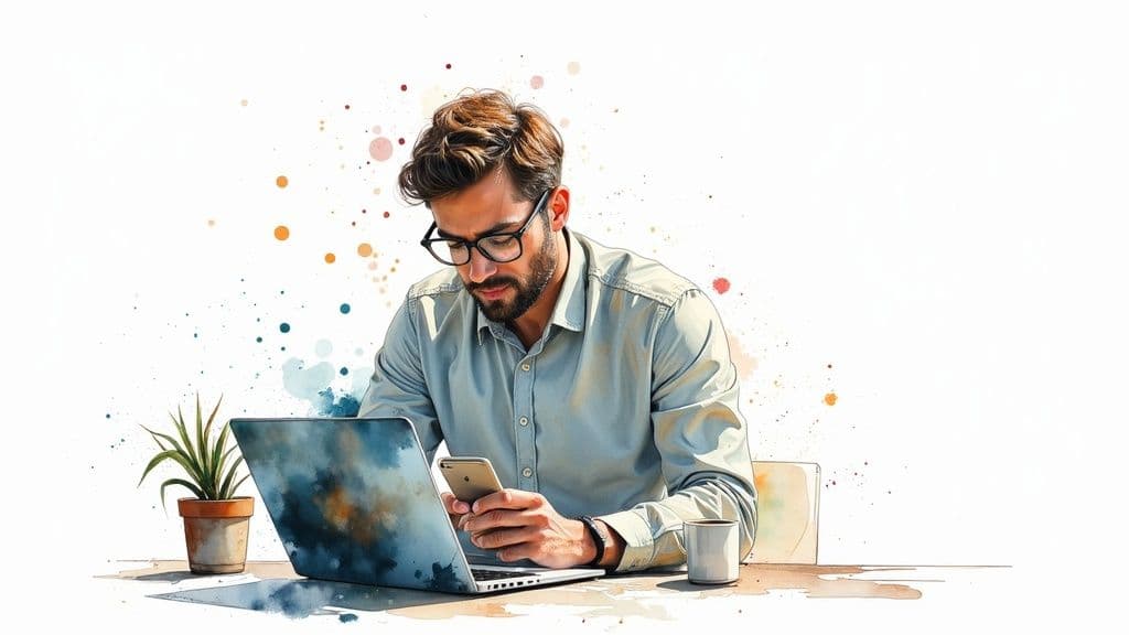 A clean, organized desk with a laptop, tablet, and smartphone displaying various productivity apps, symbolizing a well-curated tech stack.