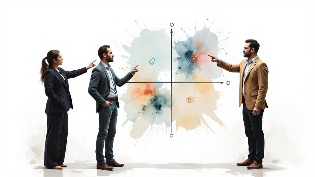 Professionals collaborating around a whiteboard with an action priority matrix.
