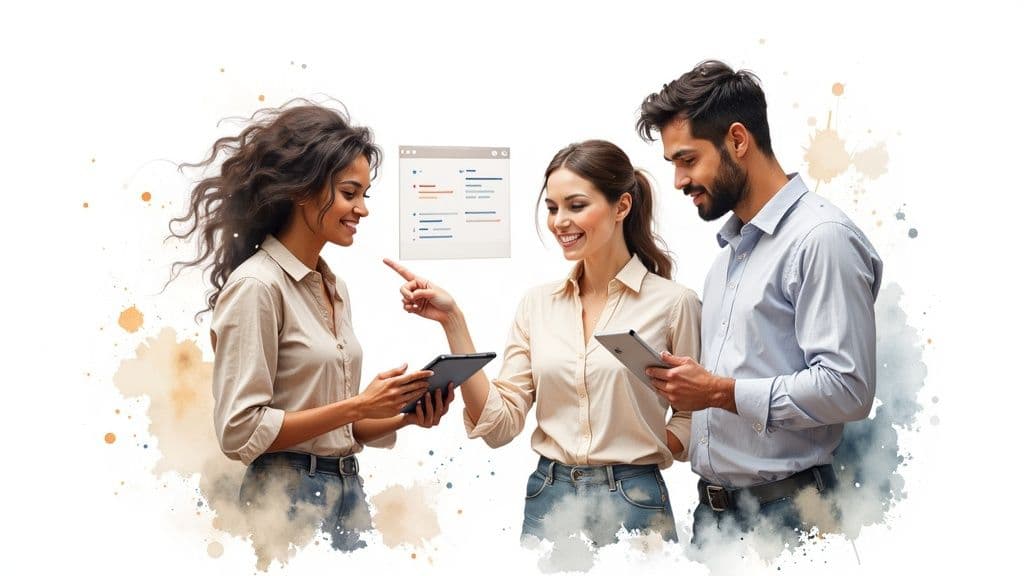 A group of diverse colleagues collaborating around a laptop, looking engaged and positive.