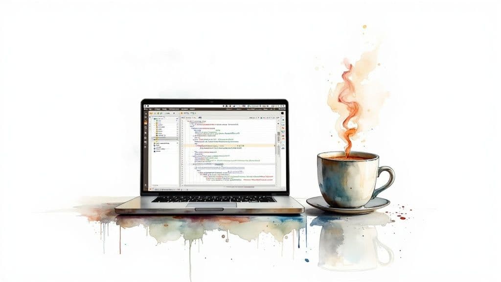 A software development project summary being reviewed by a team on a laptop, showing charts and graphs.