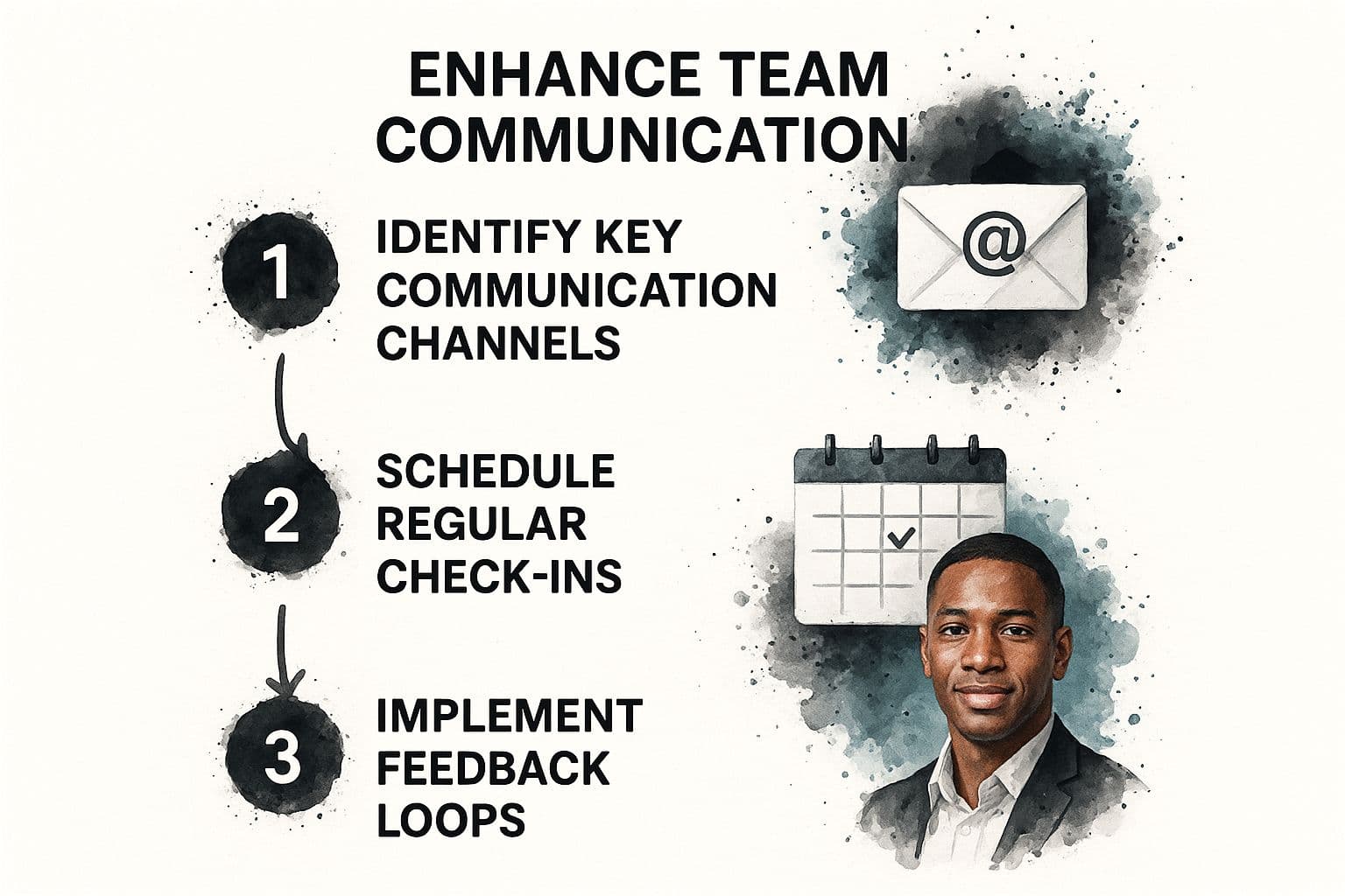 Infographic showing a process flow to improve team communication: Step 1 is identifying channels, Step 2 is scheduling check-ins, and Step 3 is implementing feedback loops.
