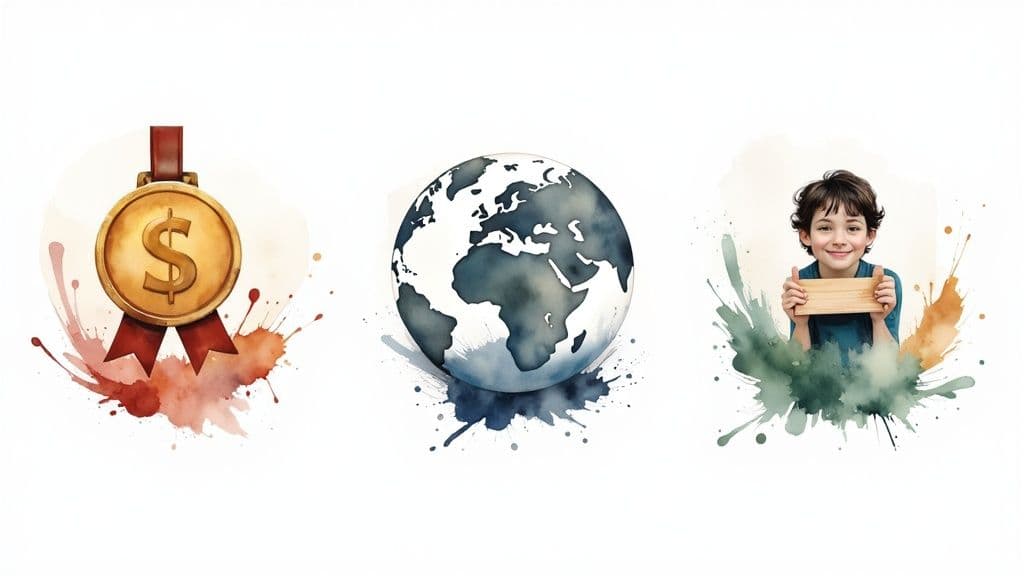 A smiling person at a desk looking at a tablet, surrounded by sticky notes, illustrating organized planning.