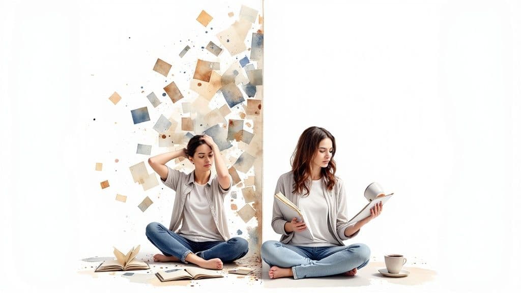 A person looking relaxed and in control at a clean desk, contrasting with a chaotic environment.