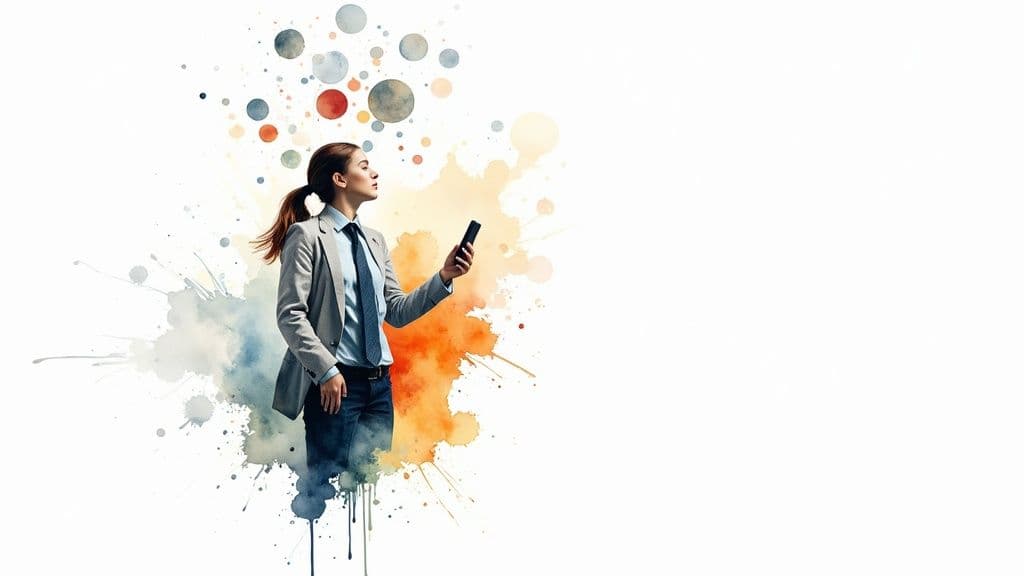 A person at a desk politely gestures 'one moment' to a colleague, demonstrating how to handle interruptions at work.