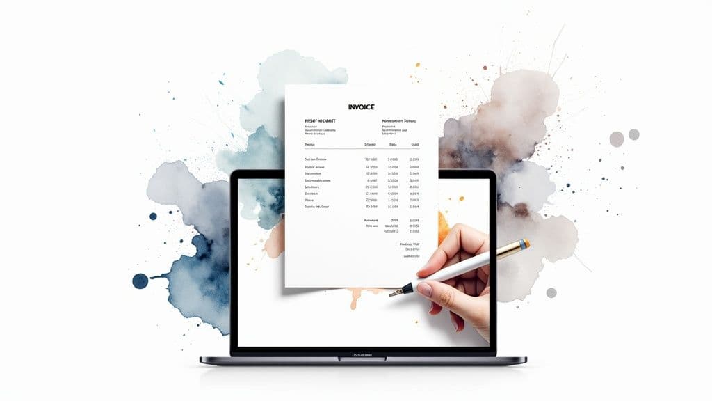 A professional reviewing an invoice on a laptop, with charts and data in the background.