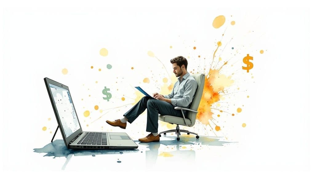 A virtual assistant working on a laptop in a modern home office setting.