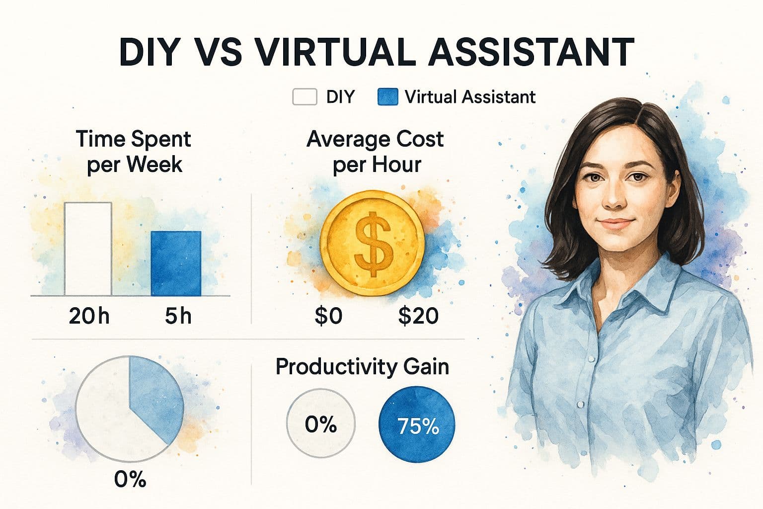 An infographic comparing the time, cost, and productivity of a DIY business approach versus hiring a virtual assistant.