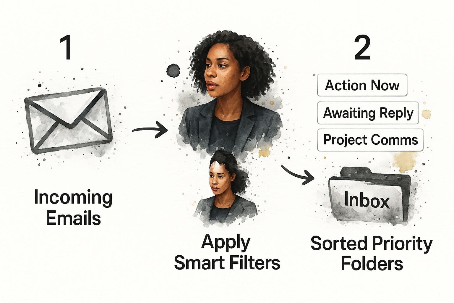Infographic showing how to manage email overload through a process flow from incoming emails, to smart filters, to sorted priority folders.