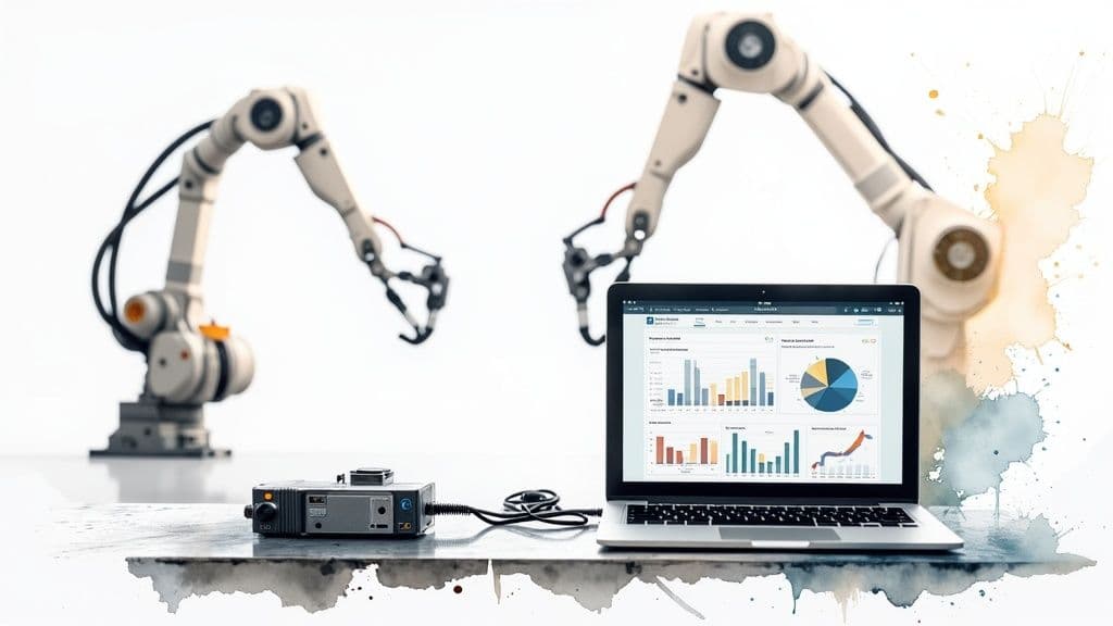 A futuristic factory floor with robotic arms and digital overlays showing production data.