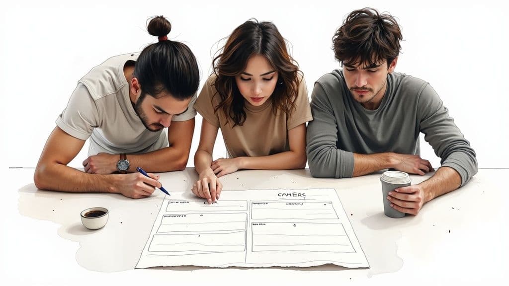 A team collaborating around a digital whiteboard during a sprint planning session.
