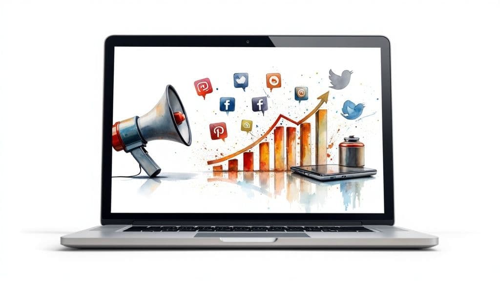 A person's hands prospecting for clients on LinkedIn using a laptop, illustrating a key part of a client acquisition system.