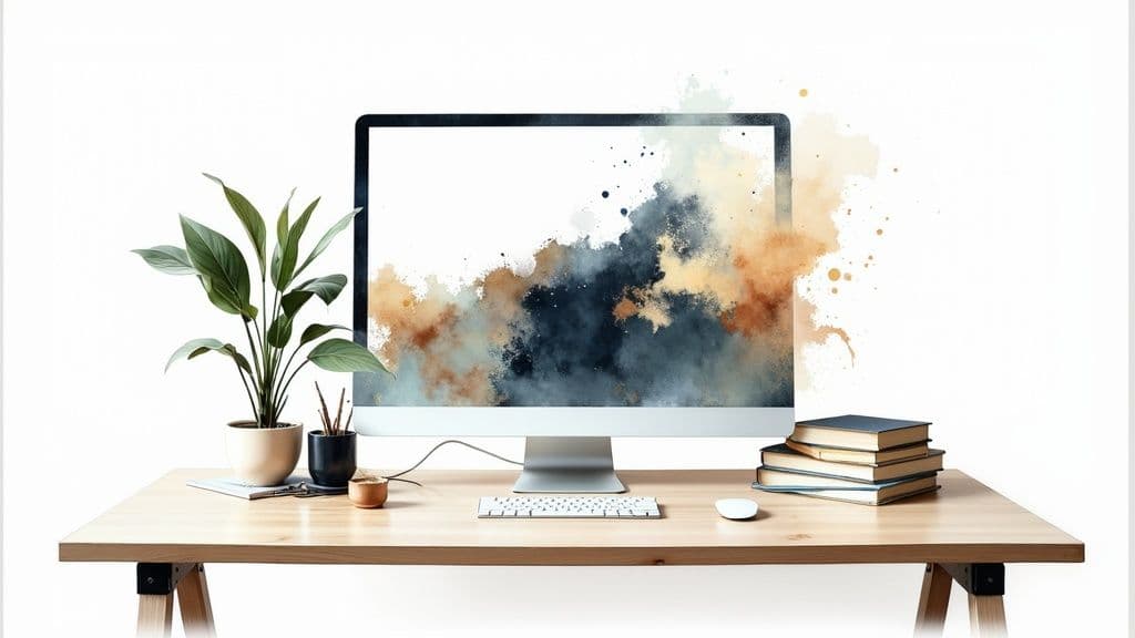 A modern, clean desk setup with a monitor, keyboard, and minimal accessories, bathed in natural light.