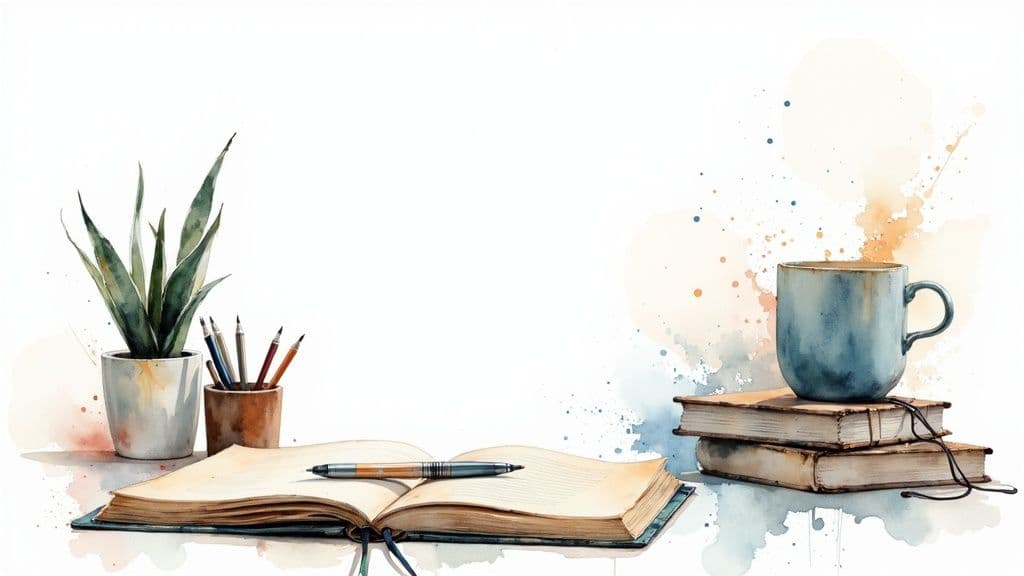 A clean, organized desk with a laptop, notebook, and a plant, creating a focused workspace.