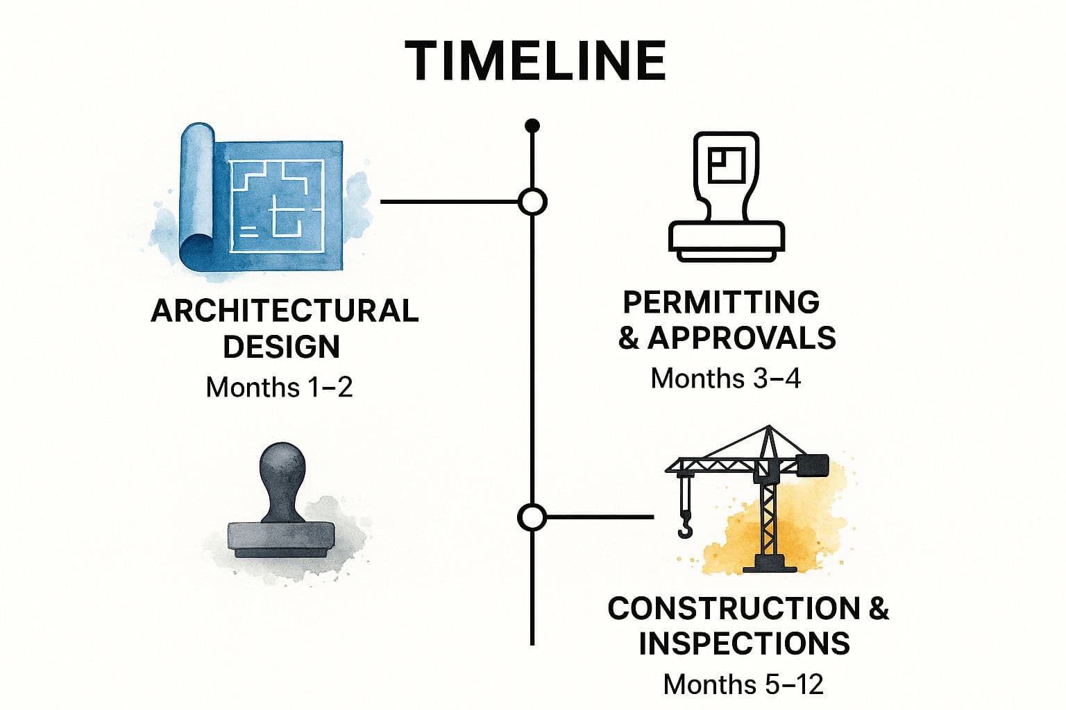Infographic showing a simplified construction project timeline with three phases: Architectural Design, Permitting & Approvals, and Construction & Inspections.