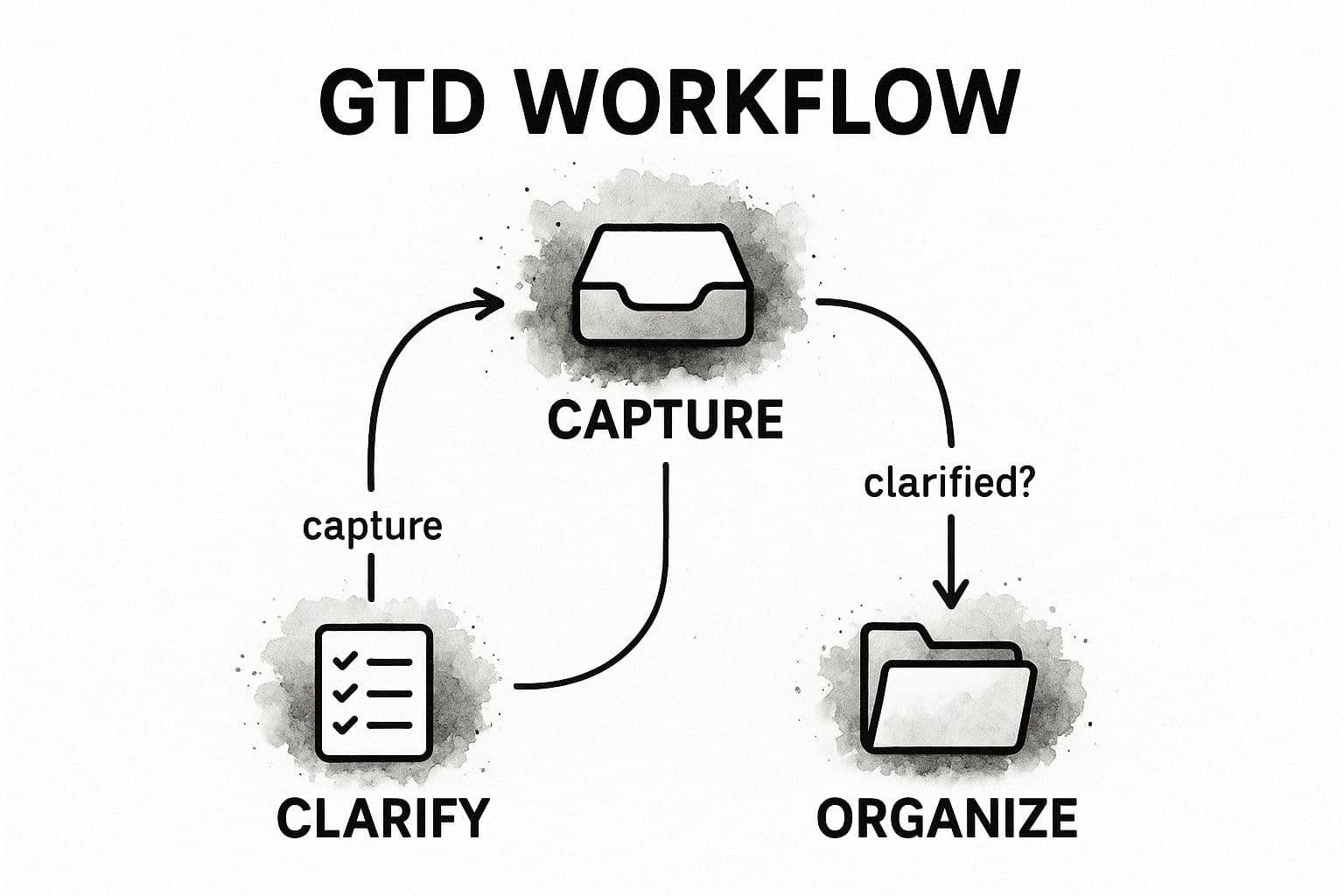 Infographic showing the first three stages of the Getting Things Done (GTD) workflow: Capture, Clarify, and Organize.