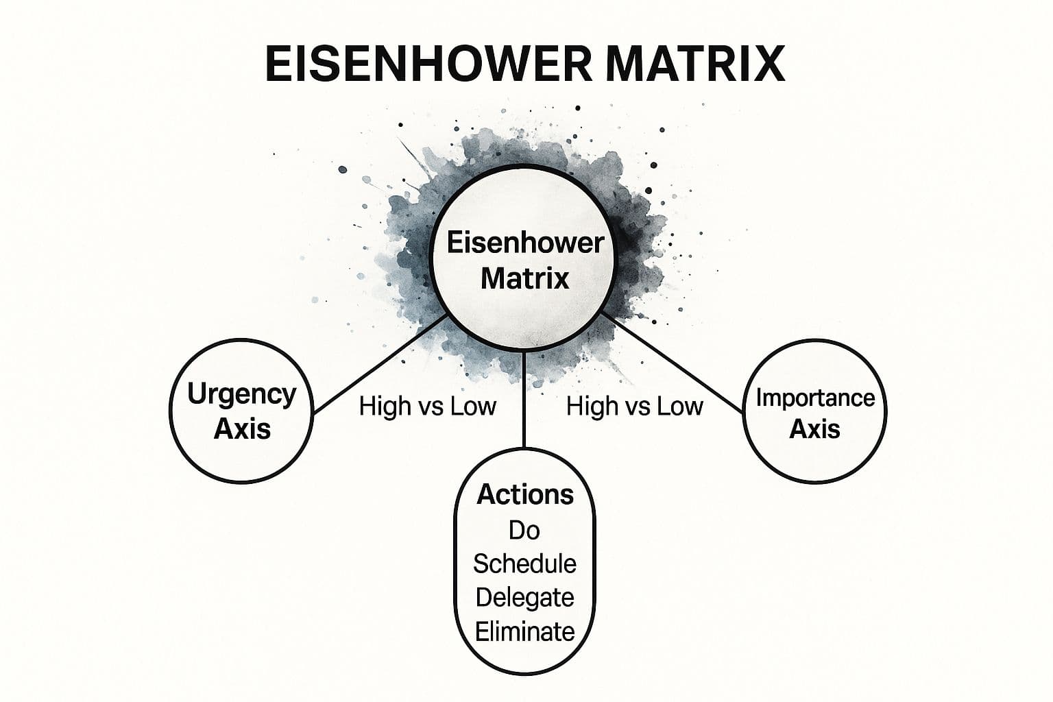 Infographic showing the core components of the Eisenhower Matrix: the Urgency Axis, the Importance Axis, and the corresponding Actions (Do, Schedule, Delegate, Eliminate).