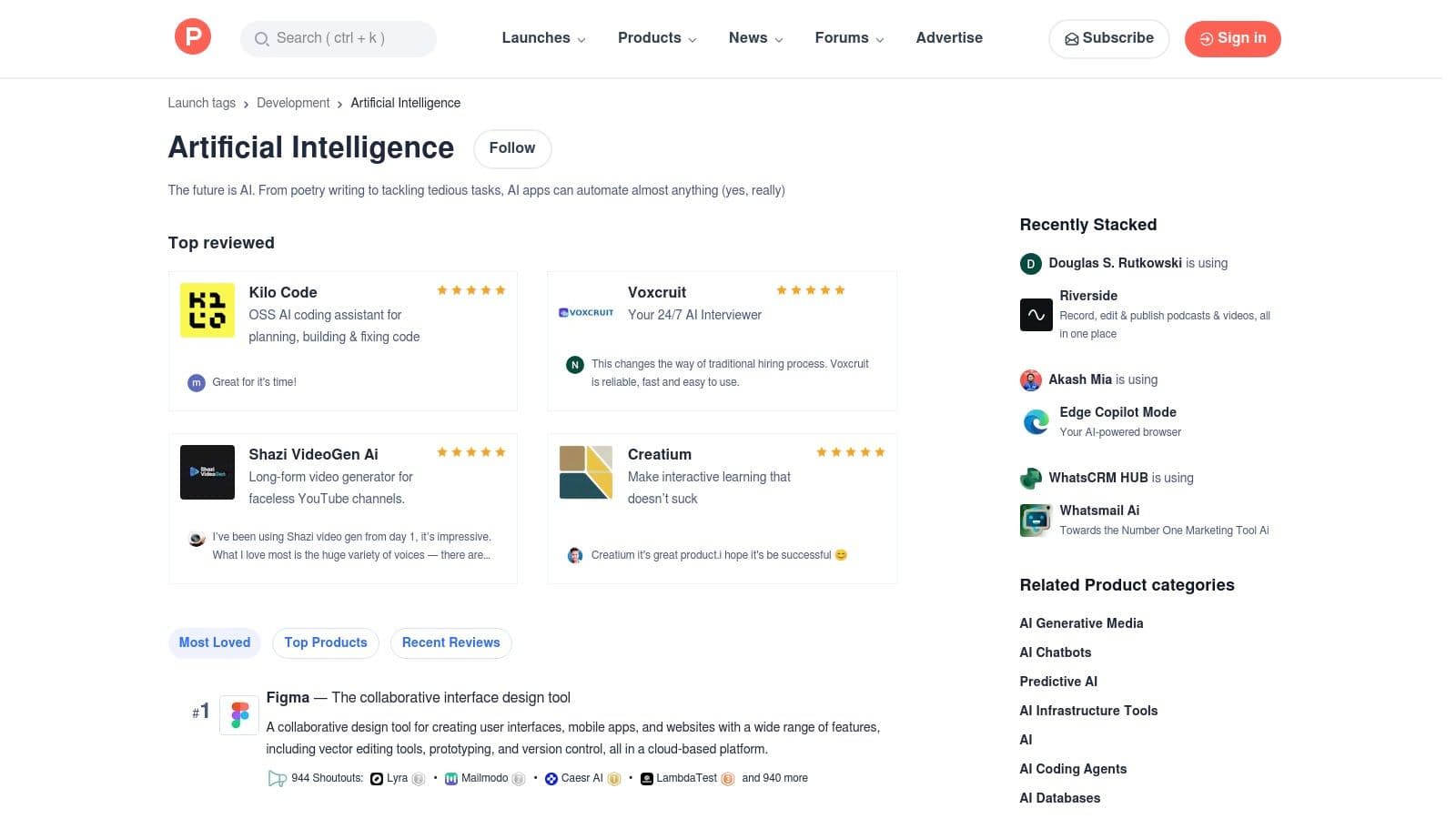 Product Hunt — Artificial Intelligence topic