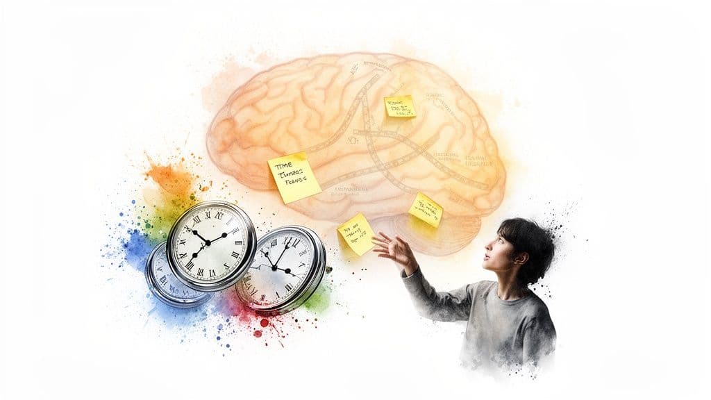 A person looking at an illuminated brain with sticky notes, surrounded by clocks and colorful splashes, symbolizing thought and time management.