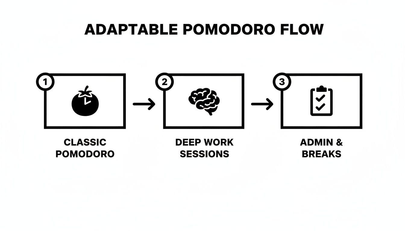 An adaptable Pomodoro workflow illustrating classic Pomodoro, deep work, and admin/breaks sessions.
