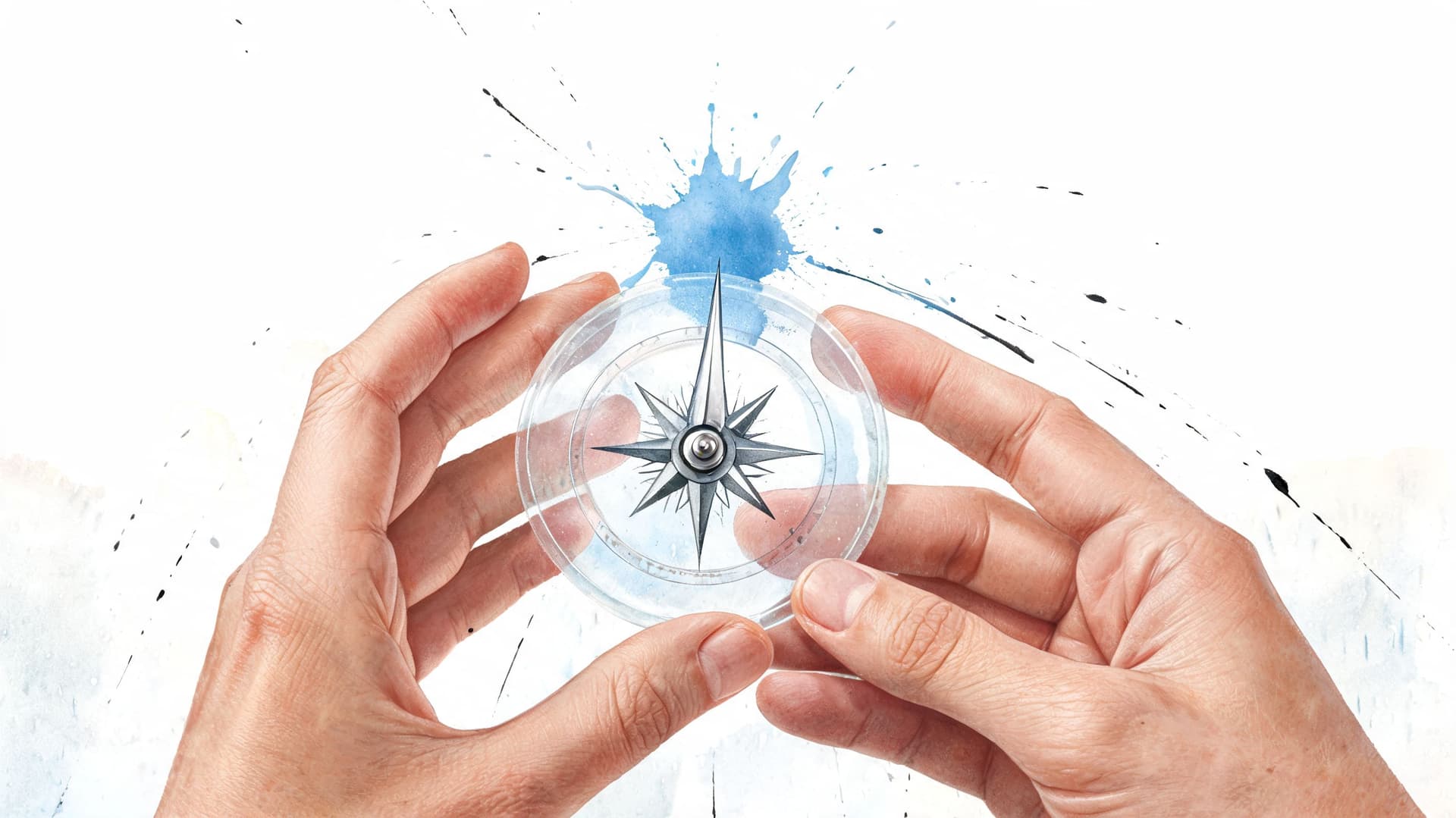 A pair of hands holding a transparent compass against a white background with blue watercolor splashes.